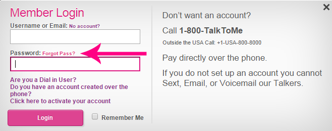 TalkToMe.com's Forgot Password link. 