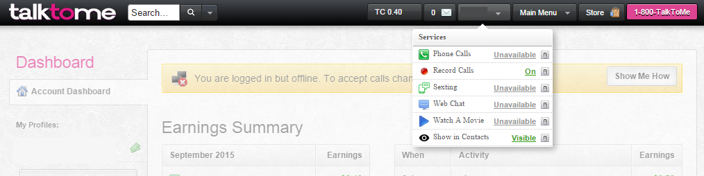 The "Services" drop down menu for TalkToMe.com. 